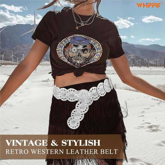 Women Vintage Disc Waist Concho Leather Belt Boho Waist Belt Silver Buckle main image 6